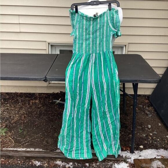 Country Club Chic Cleobella Jade stripe bardot jumpsuit sz large - Picture 2 of 8